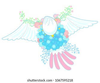 A flying bird is covered with flowers.