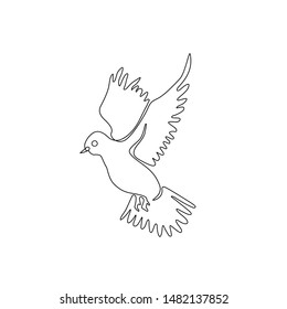 Flying bird dove logo continuous line drawing, tattoo, print for clothes, silhouette one single line on a white background, isolated vector illustration. 