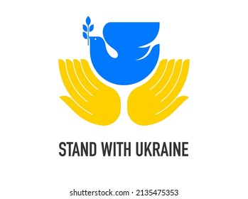 Pájaro volador, paloma como símbolo de paz. Apoyen a Ucrania, ponte de pie con pancartas y afiches de Ucrania en colores amarillo y azul