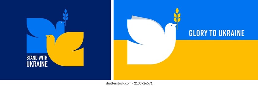 Flying bird  dove as symbol peace  Support Ukraine  Stand and Ukraine banner   poster in yellow   blue colors