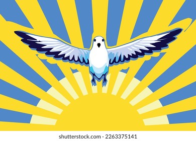 Flying bird, dove as a symbol of peace. Yellow sun and blue sky. Support Ukraine, Stand with Ukraine banner and poster in yellow and blue colors