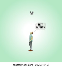 El pájaro volador arrojando excrementos a un niño impactado con la cita: La Mierda Ocurre. Ilustración vectorial.