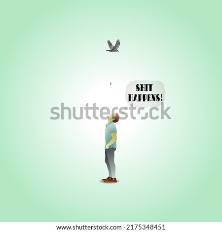 Flying bird dropping excrement on a shocked boy with the quote: Shit Happens. Vector illustration.