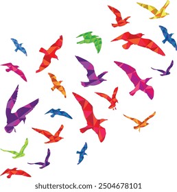 Flying bird flock silhouettes with color polygonal pattern