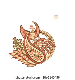 Flying Bird and Floral Paisley isolated. Card with paisley isolated for design. Floral vector pattern. Embroidery floral vector pattern.