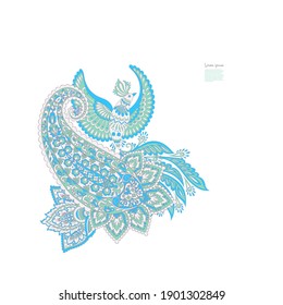 Flying Bird and Floral Paisley isolated. Card with paisley isolated for design. Floral vector pattern. Embroidery floral vector pattern.