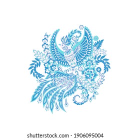 Flying Bird and Floral Paisley isolated. Card with paisley isolated for design.