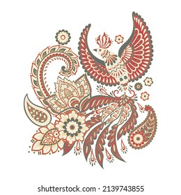 Flying Bird and Floral Paisley isolated. Card with paisley isolated for design. Floral vector pattern. Embroidery floral vector pattern.