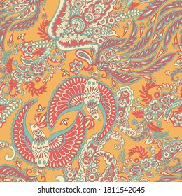 Flying Bird and Floral Paisley pattern, great vector design for any purposes. Seamless background 