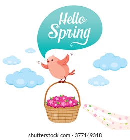 Flying Bird And Flower Basket On Sky With Talking Bubble, Spring Season, Nature