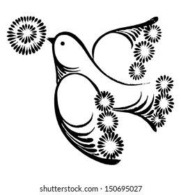 flying bird with flower, hand drawn, illustration in Ukrainian folk style