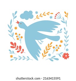 Flying Bird and flowers, vector illustration