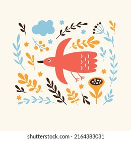 Flores y aves voladoras, ilustración vectorial, tarjeta de saludo