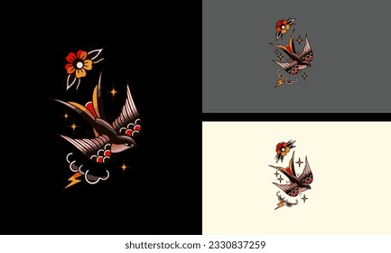 pájaro volador con diseño de tatuaje vectorial de flores