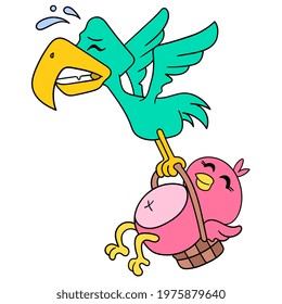 a flying bird with a heavy expression carrying a basket of chicks, vector illustration art. doodle icon image kawaii.