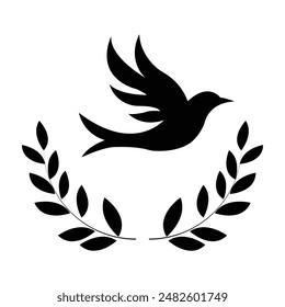 flying bird icon logo black and white with leaf