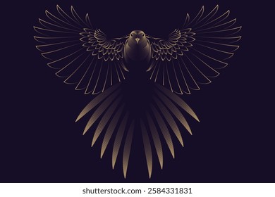 Flying bird illustration, golden art line style. Hand-drawn vector banner for wallpaper design, print, textile, and interior decor.