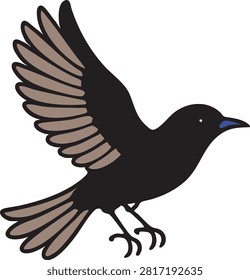 Flying bird illustration vector graphic with dark plumage and brown wings