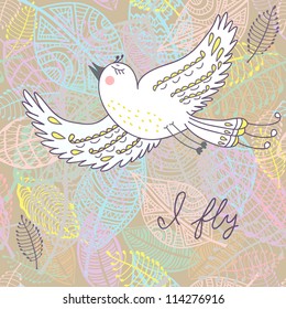 Flying bird. Illustration with white bird and seamless background of colorful leafs in vector. Cartoons with bird. I fly.