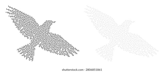 Flying bird labyrinth game for children, avian creature outline, creative logic puzzle for mental development exercise.