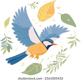 flying bird and the leaves around it