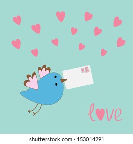 Flying bird with letter and hearts.  love card. Vector illustration.