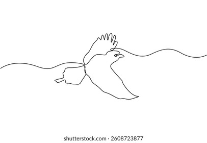 A flying bird line drawing continuous line art vector illustration, Continuous single line drawing of a flying seagull, line art vector.