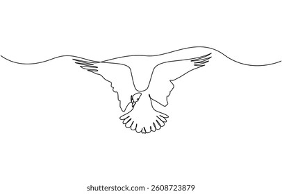 A flying bird line drawing continuous line art vector illustration, Continuous single line drawing of a flying seagull, line art vector.