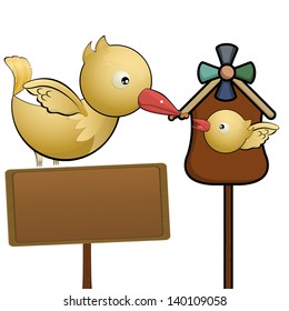 Flying bird and little bird in the bird house with wooden sign