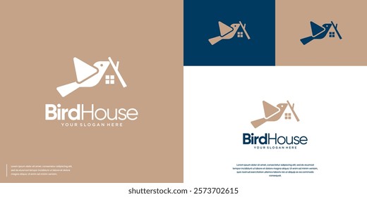 Flying bird logo abstract house shape, tree branch, natural, graphic design template.