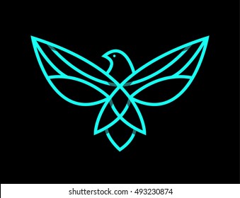 Flying Bird Logo design abstract vector template linear style on a black background