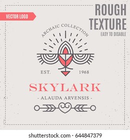 Flying Bird Logo design, geometric tribal archaic emblem. Flying stylized skylark - linear style vector template for label.