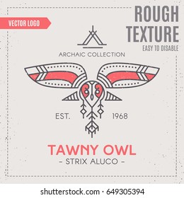 Flying Bird Logo design, geometric tribal archaic emblem. Flying tawny owl with decorative elements - linear style vector template for label.