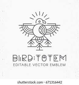 Flying Bird Logo design, geometric tribal archaic emblem. Falcon or common kestrel flying above the forest with stylized moon body - linear style vector template for label. Monochrome