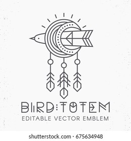 Flying Bird Logo design, geometric tribal archaic emblem. Crag martin or swallow with moonshape wings and decorative feathers, stylized moon symbol - linear style vector template for label.