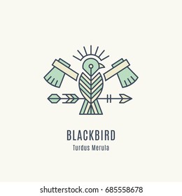 Flying Bird Logo design, geometric tribal archaic emblem. Blackbird with hatchets and arrow, hunting concept - linear style vector template for label.