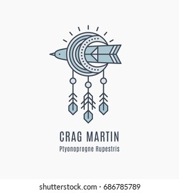 Flying Bird Logo design, geometric tribal archaic emblem. Crag martin or swallow with moon shape wings and decorative feathers, stylized moon symbol - linear style vector template for label.
