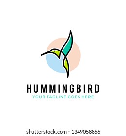 flying bird logo design template with linear concept style. vector illustration of hummingbird/colibri in outline, monoline style