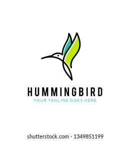 flying bird logo design template with linear concept style. vector illustration of hummingbird/colibri in outline, monoline style