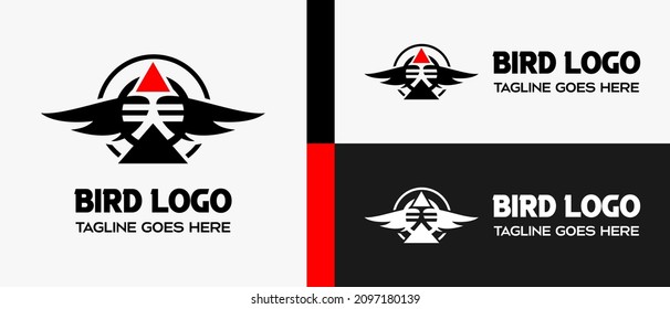 Flying bird logo design template with triangle and circle elements and arrow icon. vector illustration