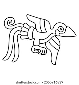 Flying bird. Native American ethnic animal design from Mexican codex. Black and white linear silhouette.
