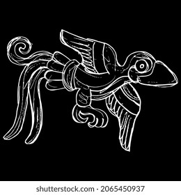 Flying bird. Native American ethnic animal design from Mexican codex. Hand drawn linear doodle rough sketch. White silhouette on black background.