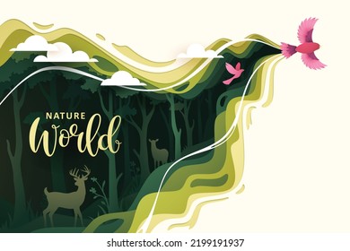 Flying bird in natural forest layered shape wavy background in paper cut style