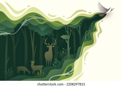 Flying bird in natural forest layered shape wavy background in paper cut style