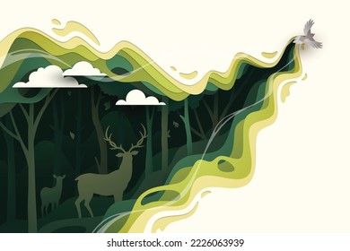 Flying bird in natural forest layered shape wavy background in paper cut style