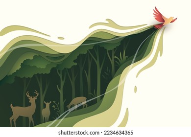 Flying bird in natural forest layered shape wavy background in paper cut style