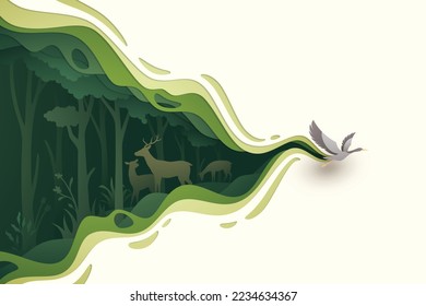 Flying bird in natural forest layered shape wavy background in paper cut style