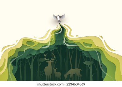 Flying bird in natural forest layered shape wavy background in paper cut style