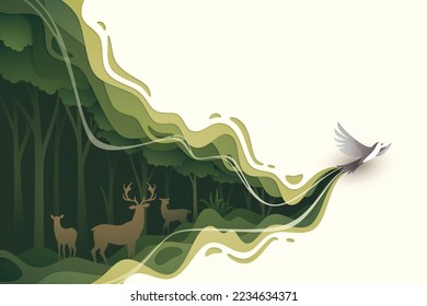 Flying bird in natural forest layered shape wavy background in paper cut style