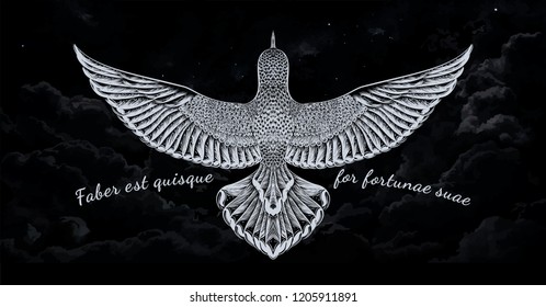 Flying bird in the night sky.Flying dove on the black background.Hand drawn detailed bird.Black and white illustration.can be used for tatoo art,print t shirt,coloring book.Wild animal.Line art.